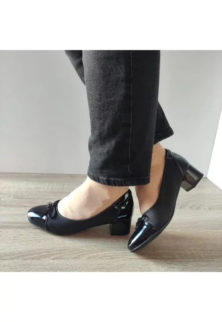 Дамски Обувки  50105A 01-Z - Елегантни Черни Лак + Текстил - Черно - Черен