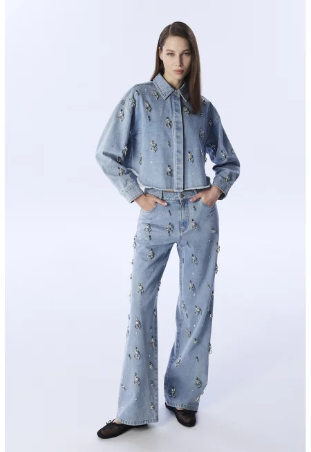 Дънки с широк крачол и апликации - Светлосин