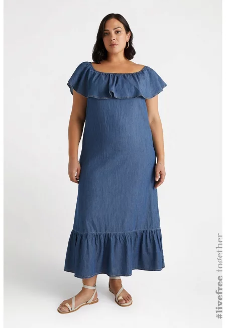 Дънкова рокля с набирания - Прашно синьо