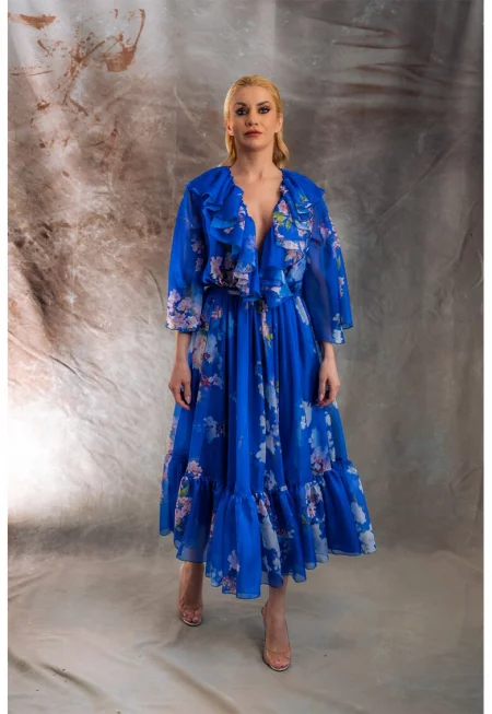 Флорална рокля Osaka от шифон - Розова сьомга/Кралско Синьо