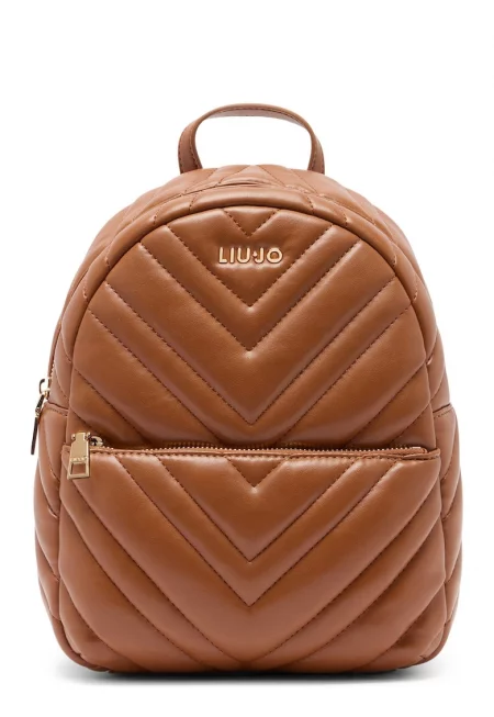 Капитонирана раница с преден джоб с цип - Коняк кафяв