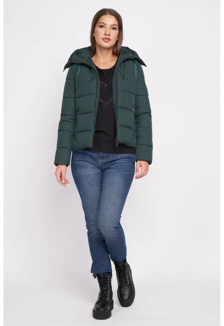 Капитонирано зимно яке с качулка и вата - Тъмнозелен