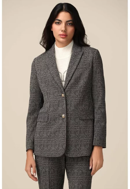 Карирано сако с джобове с капаче - Червен/Меланж тъмно сиво