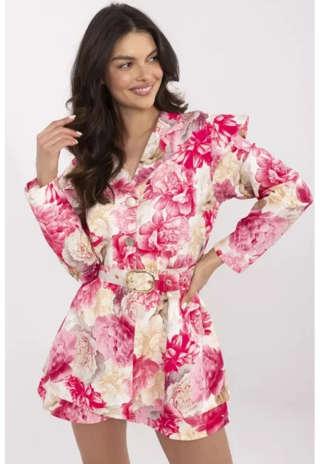 Къс гащеризон с флорален принт и декоративен колан - Един размер