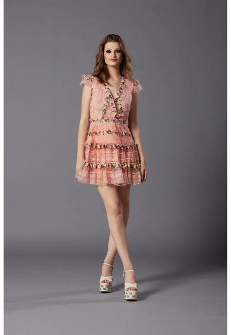 Къса рокля Aronia с флорална бродерия - Пастелнорозов