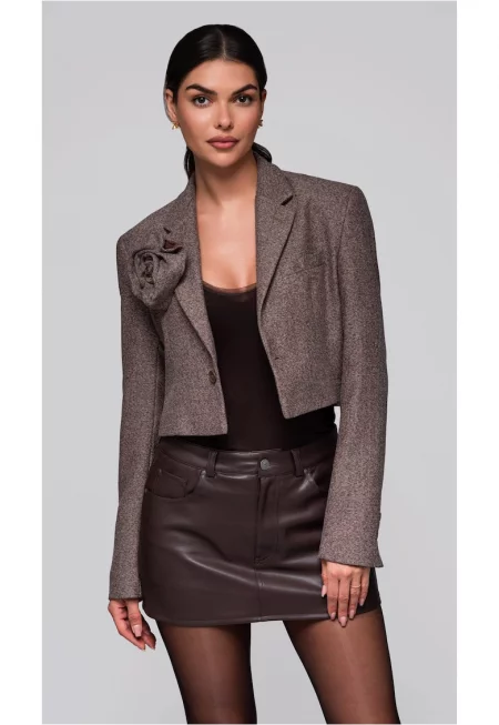 Късо елегантно сако с бродирано цвете  LW-BLZB-0100 - Кафяв