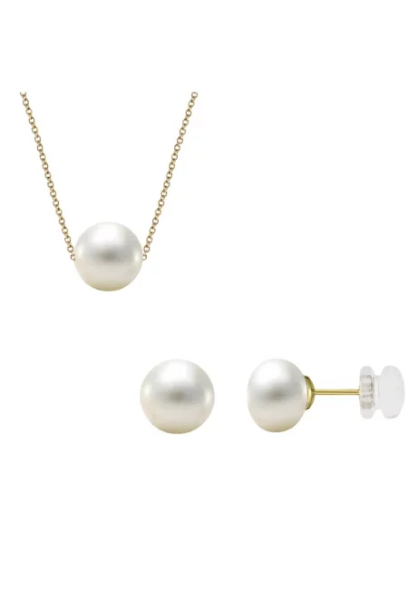 Комплект от 585-14К злато и култивирани перли - обеци с 7мм перли и колие с 8мм перла - 42 см верижка