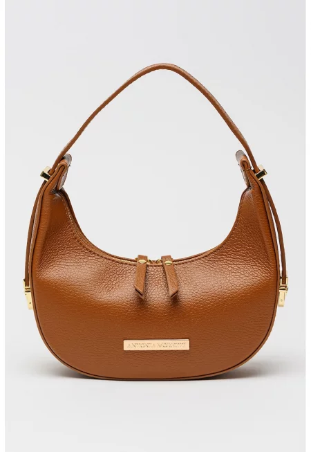 Кожена чанта през рамо с лого - Канелено кафяво