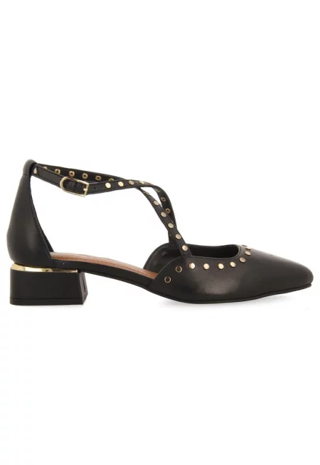 Кожени обувки с кръстосани каишки с капси - Черен