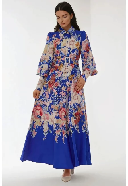 Макси рокля  дълъг ръкав - щампа - синя - текстилен материал