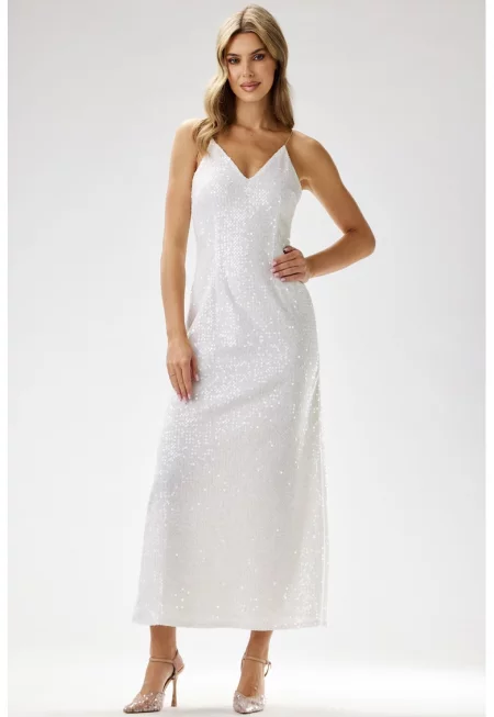 Макси рокля -  кадифе с пайети - бяла - полиестер