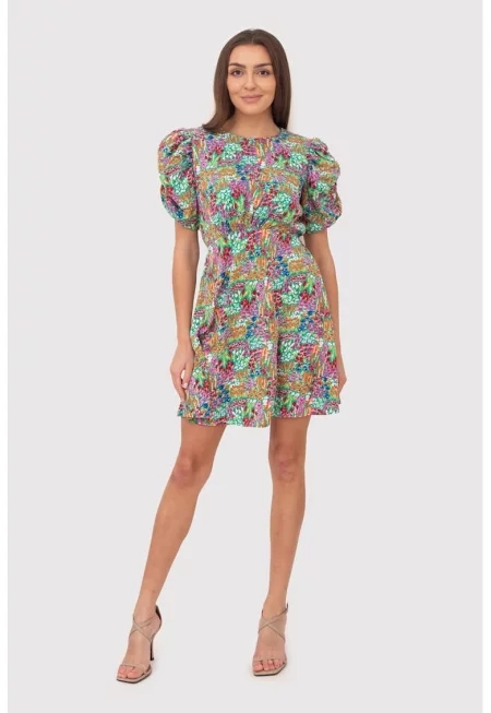 Мини рокля с буфан ръкави с цветна щампа DA1763 MULTI