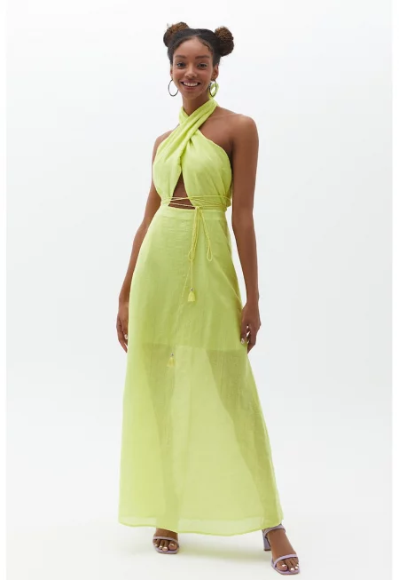 Памучна рокля с халтер деколте - Жълт