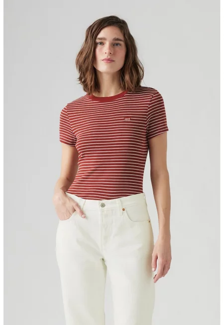 Памучна слим тениска Essential - Бял/Бордо