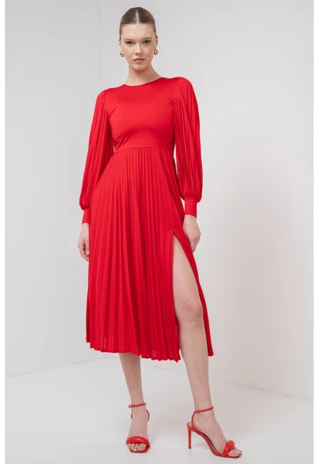 Плисирана рокля Redy с дълги ръкави - Червен