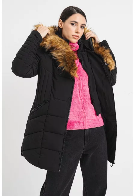 Подплатено зимно яке Chaya с еко пух и качулка - Черен