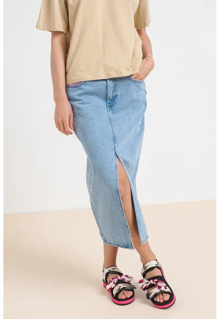 Пола от деним с фронална цепка - Пастелносин