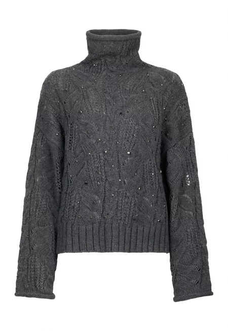 Ппуловер с вълна и декоративни камъни - Сив