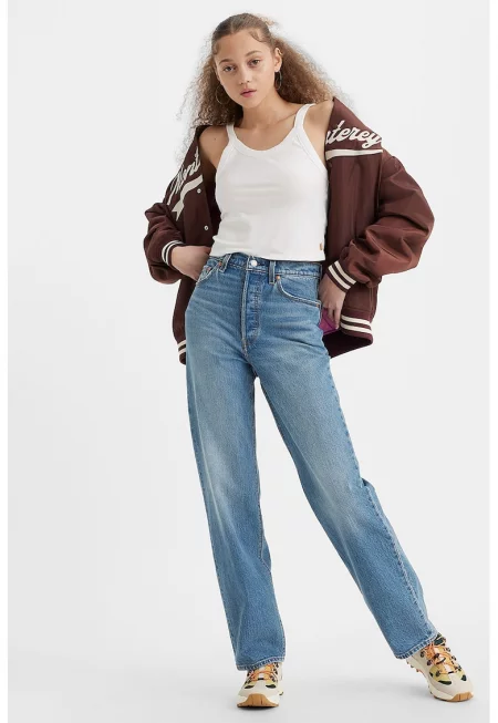 Прави дънки с висока талия - Син