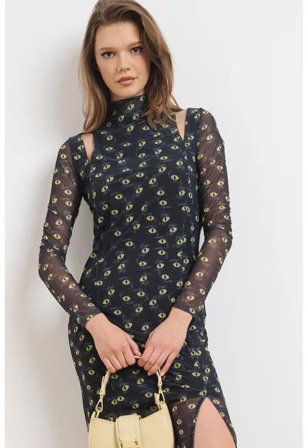 Прилепнала рокля Noslin с отвори и принт - Въглен сиво/Лайм зелено