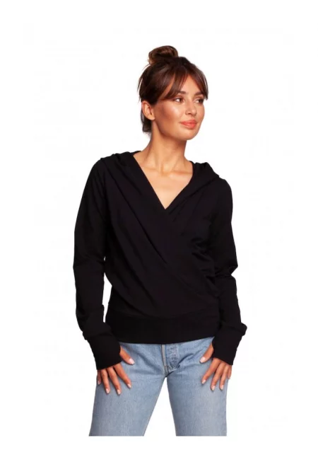 Пуловер с качулка - памук/еластан - черен