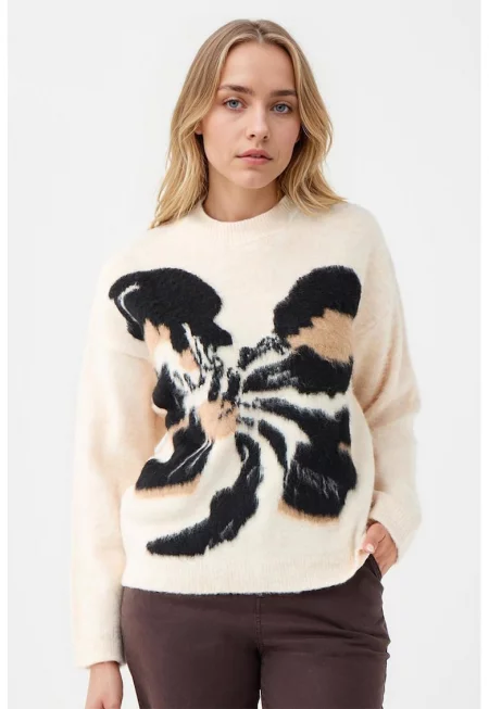 Пуловер с овално деколте и графика - Черен/Светло бежово