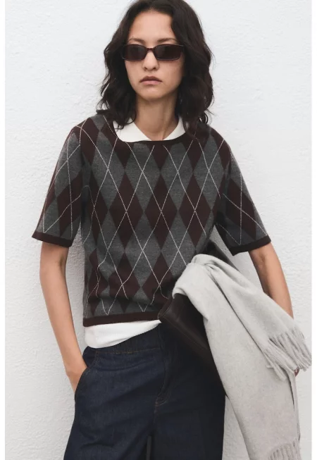 Пуловер с вълна с принт Аргайл