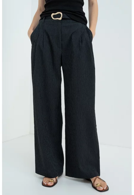 Раиран широк панталон с тонален колан - Черен/Бял