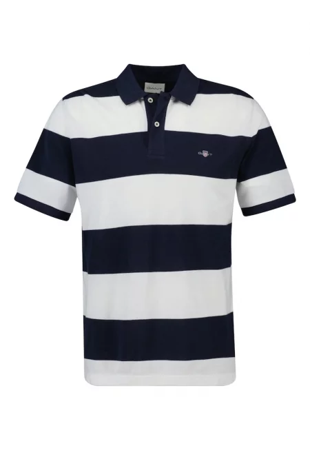 Раирана памучна тениска с яка - Бял/Тъмносин