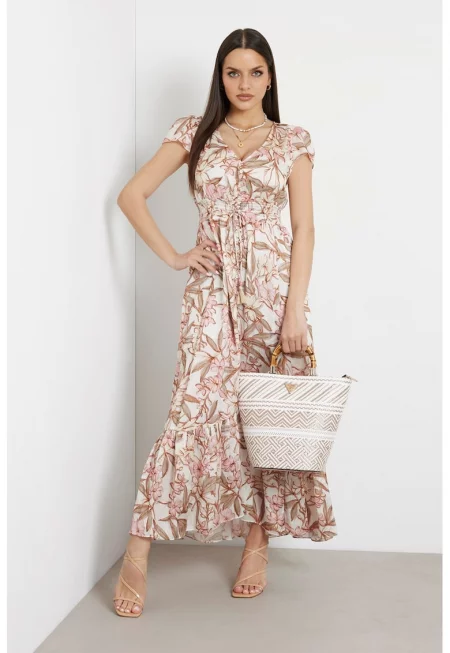 Разкроена дълга рокля с преден шлиц - Светло кафяво/Розово/Крем