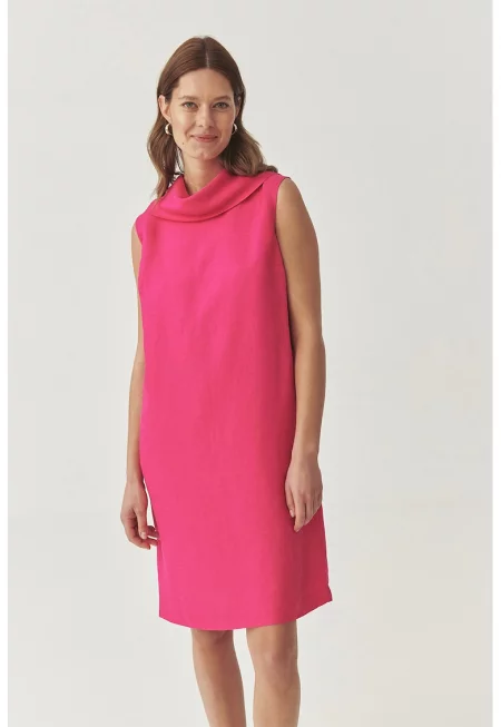 Разкроена рокля с лен с шал-яка - Фуксия