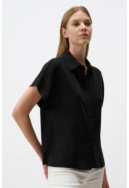 Риза с лен с къси ръкави - Черен