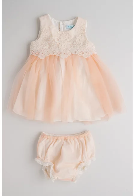 Рокля без ръкави от тюл с гащички - Бял/Прасковено розово