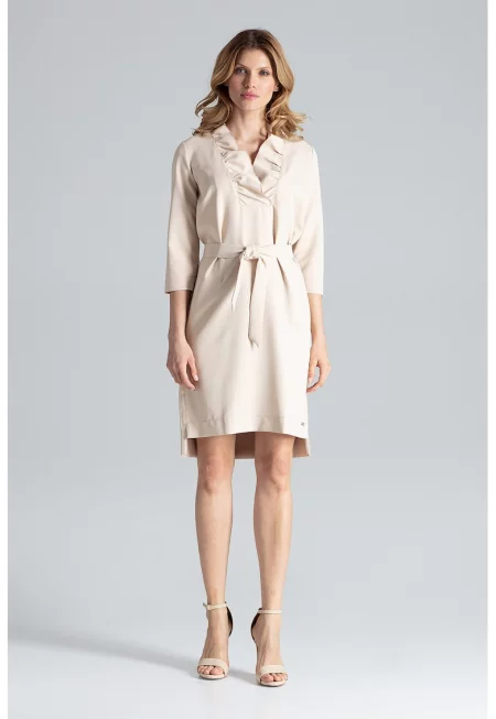 Рокля  елегантна - бежова - с волан на деколтето - връзва се с колан - полиестер