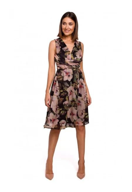 Рокля с деколте и флорален модел - стил - полиестер - черно/розово