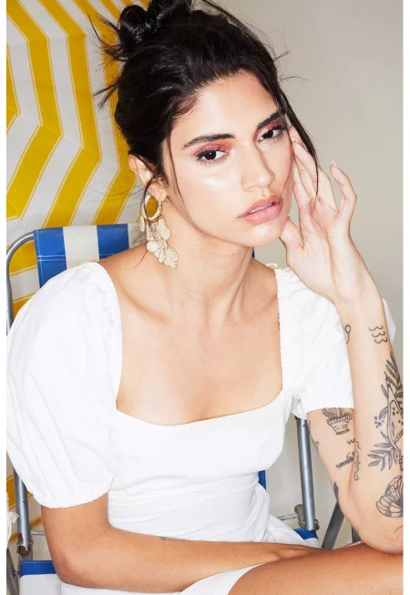 Рокля с къси ръкави - Бял/Светлокафяв