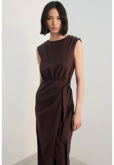 Рокля с лен - Тъмнокафяв