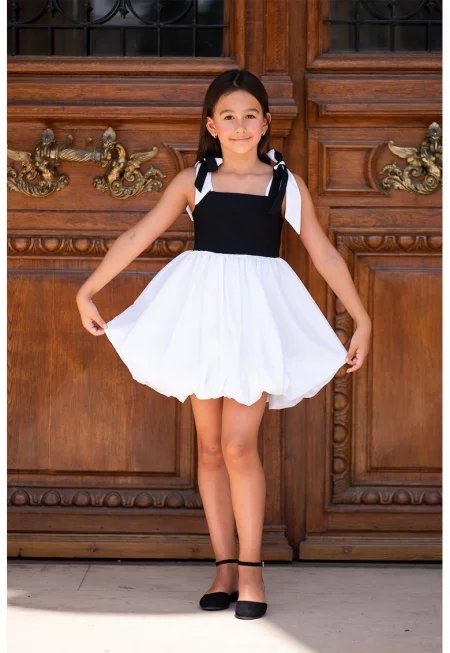 Рокля с подгъв тип балон и панделки - Черен/Бял