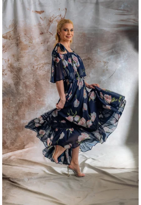 Рокля Siera с коприна - Розова сьомга/Тъмносин