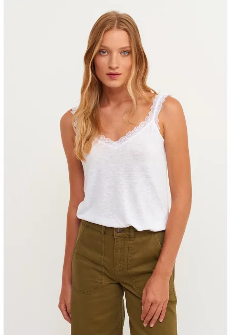 Шпиц танк топ с дантела - Бял -