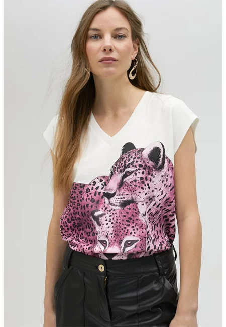 Шпиц тениска с принт - Бял/Аметист