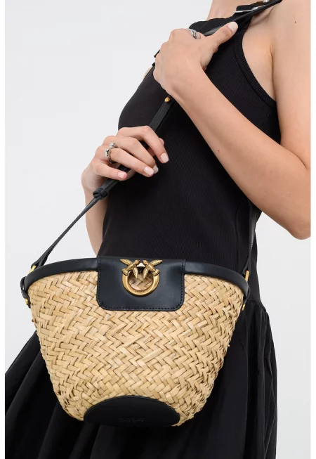 Сплетена чанта с кожа - Черен/Бежов