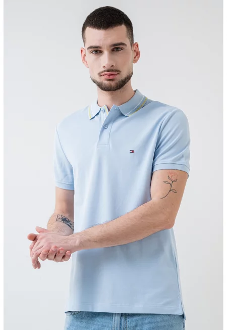 Тениска с органичен памук с яка - Светлосин