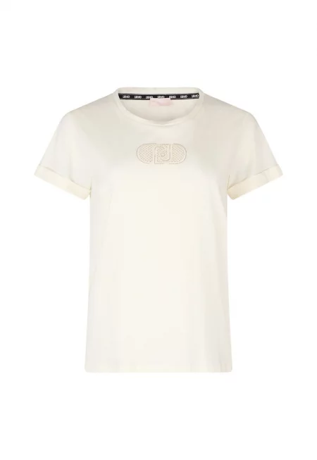 Тениска с овално деколте и монограм - Бял