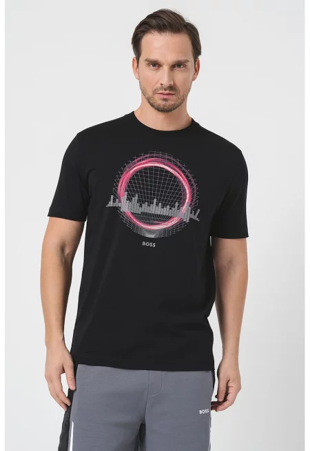 Тениска с памук с фигурална щампа - Черен/Виолетов