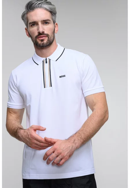 Тениска с яка и къс цип - Бял