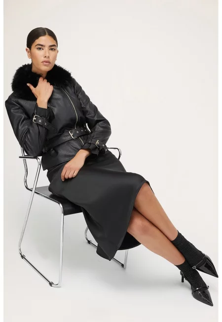 Яке от еко кожа с еко пух - Черен