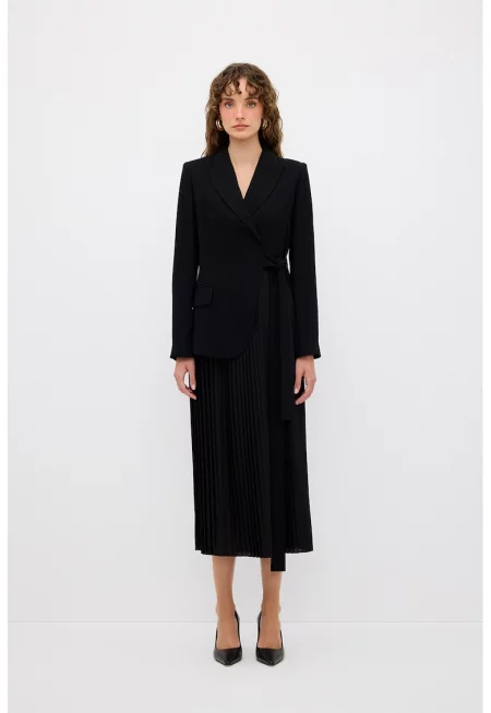 Застъпена миди рокля с раздвоен ревер - Черен