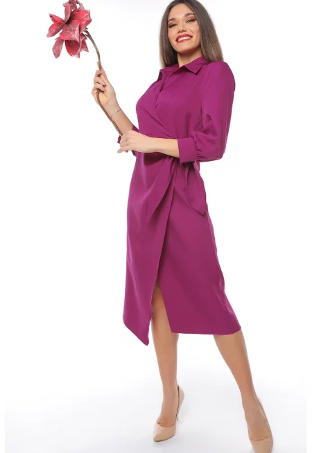 Застъпена рокля с шлиц отпред - Тъмнорозов