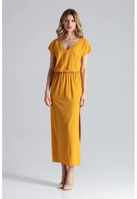 Жълта макси рокля  елегантна - с цепка - идеална за лятото - полиестер